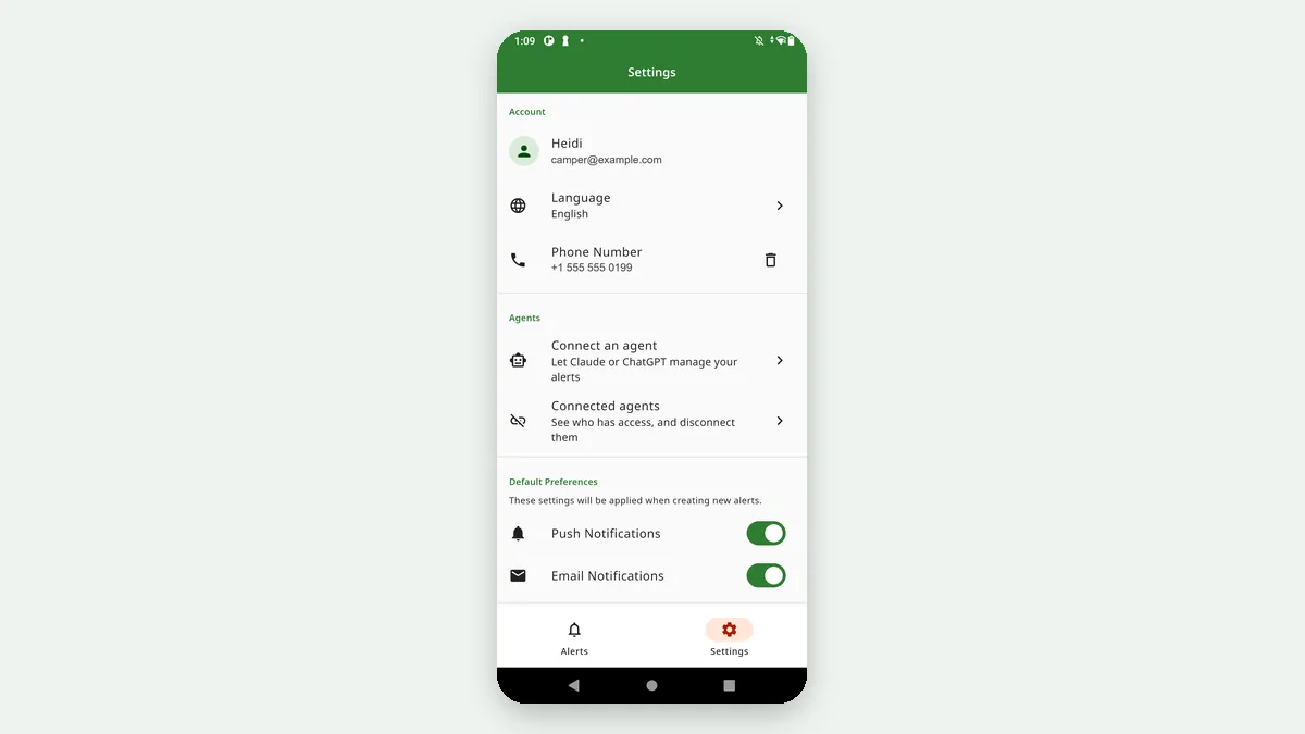 La section Agents des parametres, dans l'application